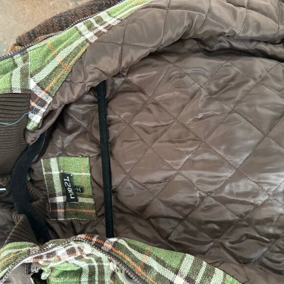 Y2K Puffer Vest Green Plaid Wool Blend Faux Fur Hood Quilted Lining Womens Prep - Picture 6 of 9